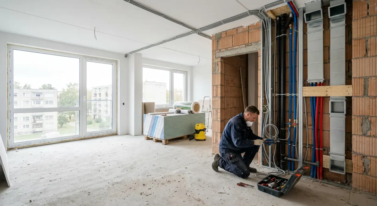 Inžineriniai darbai atliekami prieš sienų ir grindų užbaigimą