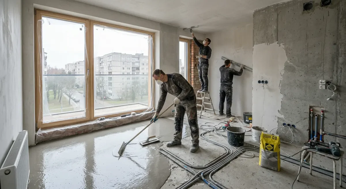 Po komunikacijų - sienų, lubų ir pagrindo lyginimas