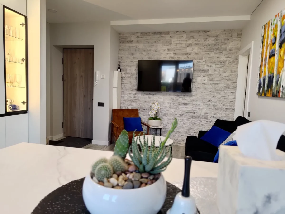 Apdailos Darbai Kaune Atviro Plano Buto Valgomoji Zona Su žalia Kaktusų Kompozicija Ant Marmuro Salos Ir Svetainė Su Dekoratyvine Plyta Fone